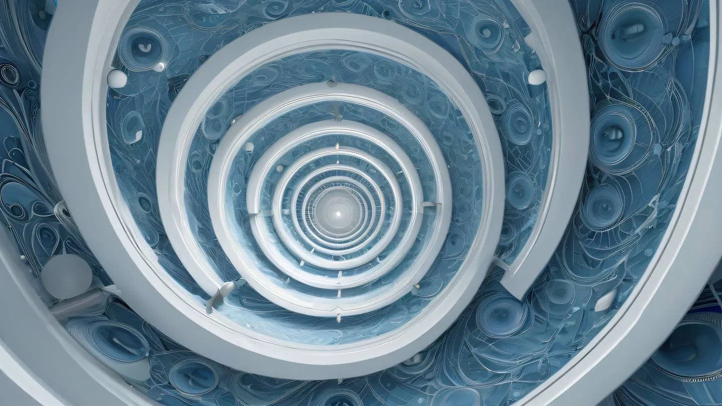 A serene abstract representation of time flow featuring flowing circular patterns in shades of breezeway blue and whisper white resembling clock mechanisms and time spirals captured from a top-down perspective with sweeping curves high-quality ultra-realistic cinematic 8K UHD high resolution sharp and detail