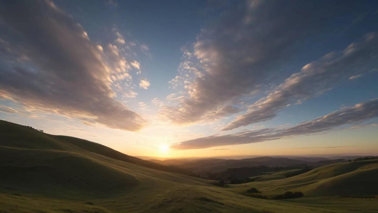 An ethereal landscape showing the transition from dawn to dusk in a single frame with sun-washed brick colors blending into etched glass tones captured from a wide-angle perspective featuring rolling hills and time-lapse cloud formations high-quality ultra-realistic cinematic 8K UHD high resolution sharp and detail