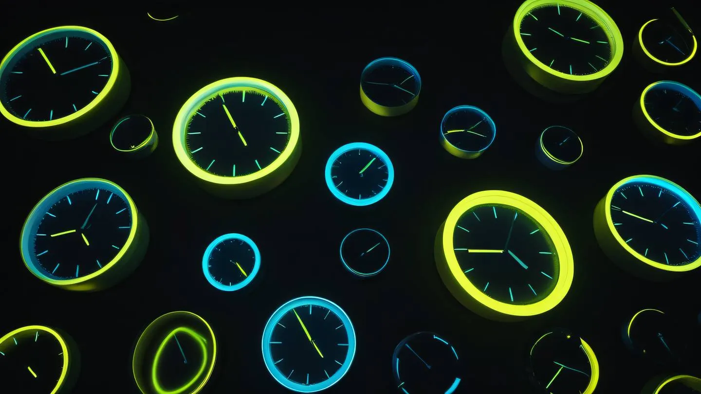 A minimalist abstract composition of geometric clock shapes floating in space featuring bright neon yellow and electric blue gradients against a deep black background shot from a low angle perspective looking up high-quality ultra-realistic cinematic 8K UHD high resolution sharp and detail