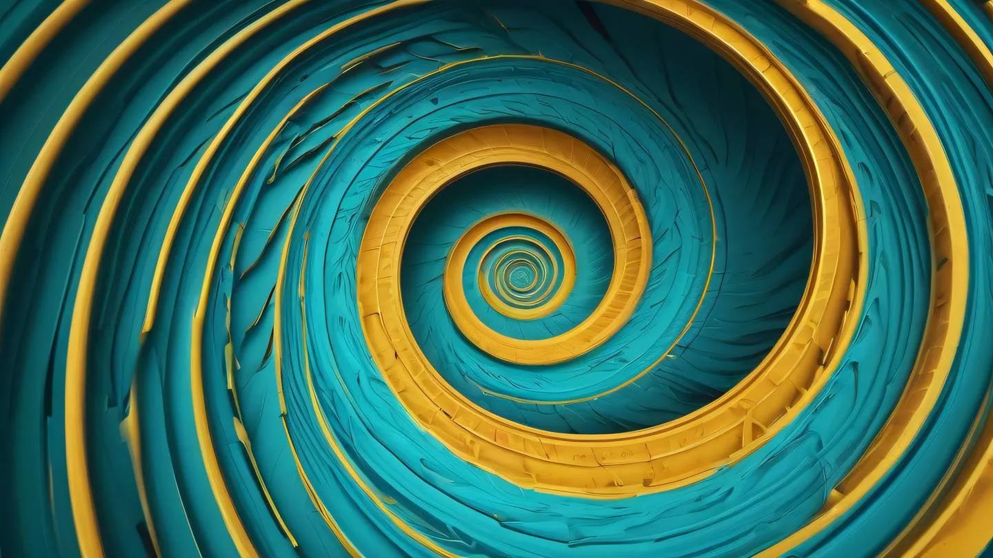 An abstract representation of time flow using spiral patterns and flowing lines dominated by bright turquoise and golden yellow colors captured from a bird's eye view perspective high-quality ultra-realistic cinematic 8K UHD high resolution sharp and detail