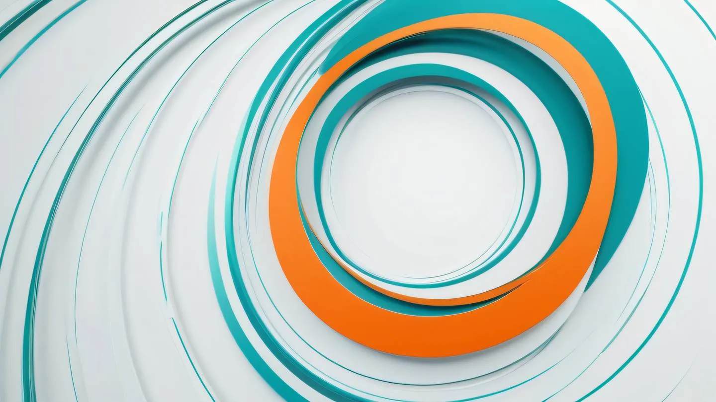 A dynamic abstract composition of intersecting circles and lines suggesting movement and flow of time featuring bright orange and cool teal colors against white background photographed from a diagonal perspective high-quality ultra-realistic cinematic 8K UHD high resolution sharp and detail