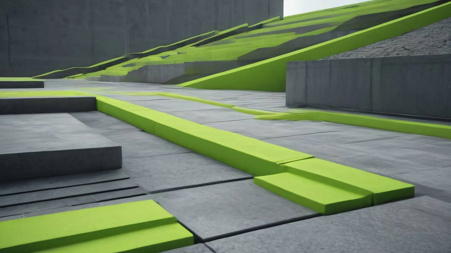 An abstract landscape composition showing the passage of time through layered geometric shapes featuring vibrant lime green and concrete gray colors shot from a dramatic side angle perspective high-quality ultra-realistic cinematic 8K UHD high resolution sharp and detail