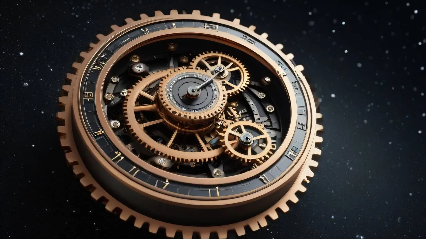 Cosmic clock mechanism floating in space gleaming metallic gears in rose gold and yellow against deep black void dramatic top-down perspective high-quality ultra-realistic cinematic 8K UHD high resolution sharp and detail