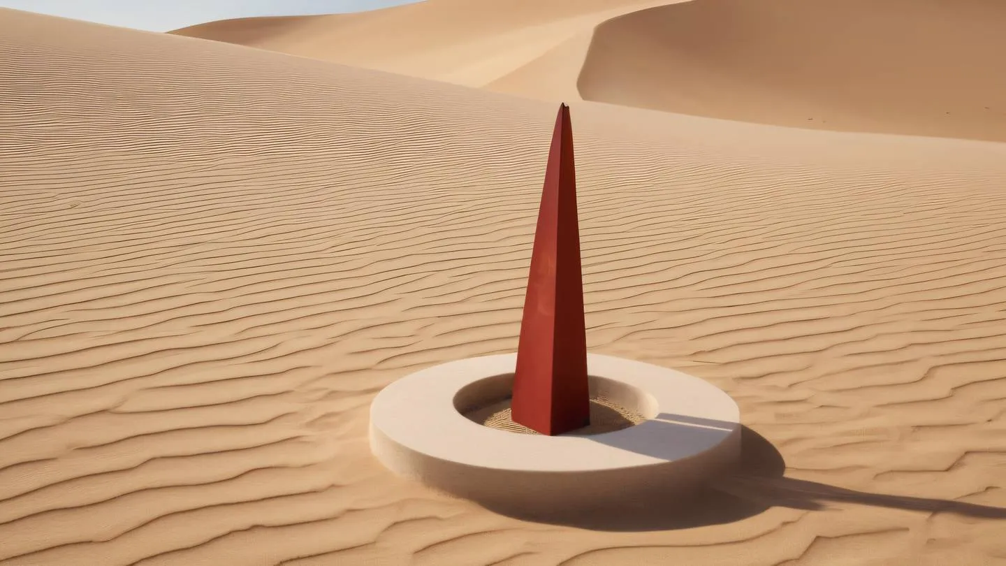 Geometric sundial sculpture in an abstract desert landscape warm perfect red and grapeseed colors against off-white sand dunes shot from low angle perspective high-quality ultra-realistic cinematic 8K UHD high resolution sharp and detail