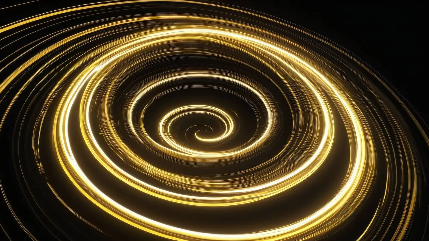 Abstract time spiral made of flowing light trails white and bright yellow streams against dark background aerial perspective shot high-quality ultra-realistic cinematic 8K UHD high resolution sharp and detail