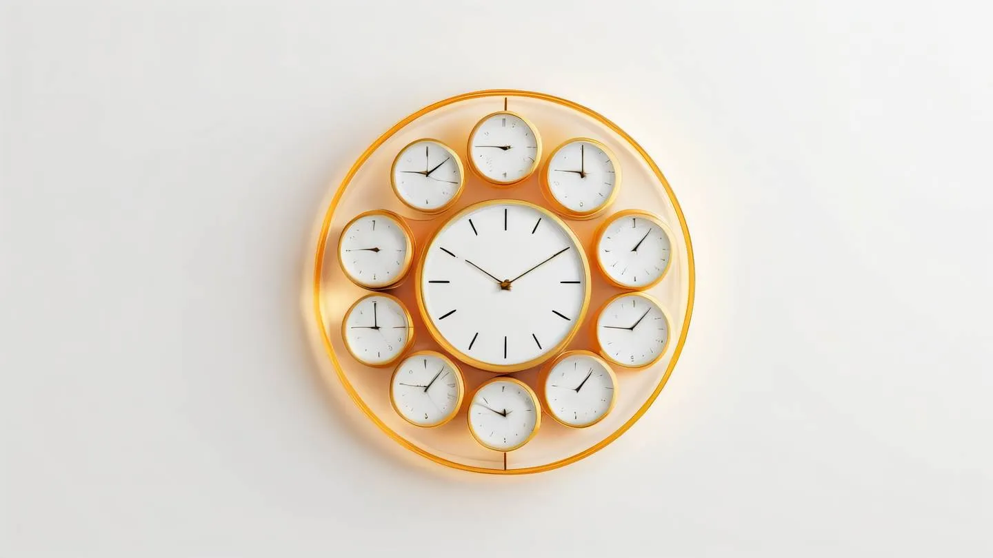 A minimalist abstract composition featuring floating geometric shapes representing time zones and clock faces rendered in bright amber and golden tones against a clean white background. Shot from a top-down perspective ultra-realistic cinematic 8K UHD high resolution sharp and detailed