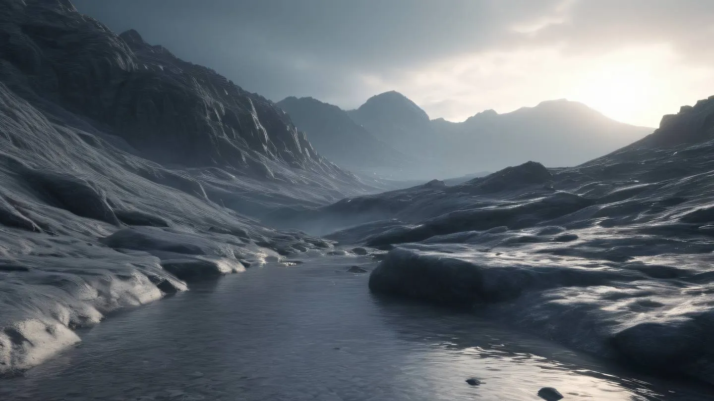 Ethereal landscape with flowing time particles stone gray and silver highlights against a bright backdrop photographed from a low angle with foreground elements high-quality ultra-realistic cinematic 8K UHD high resolution sharp and detail