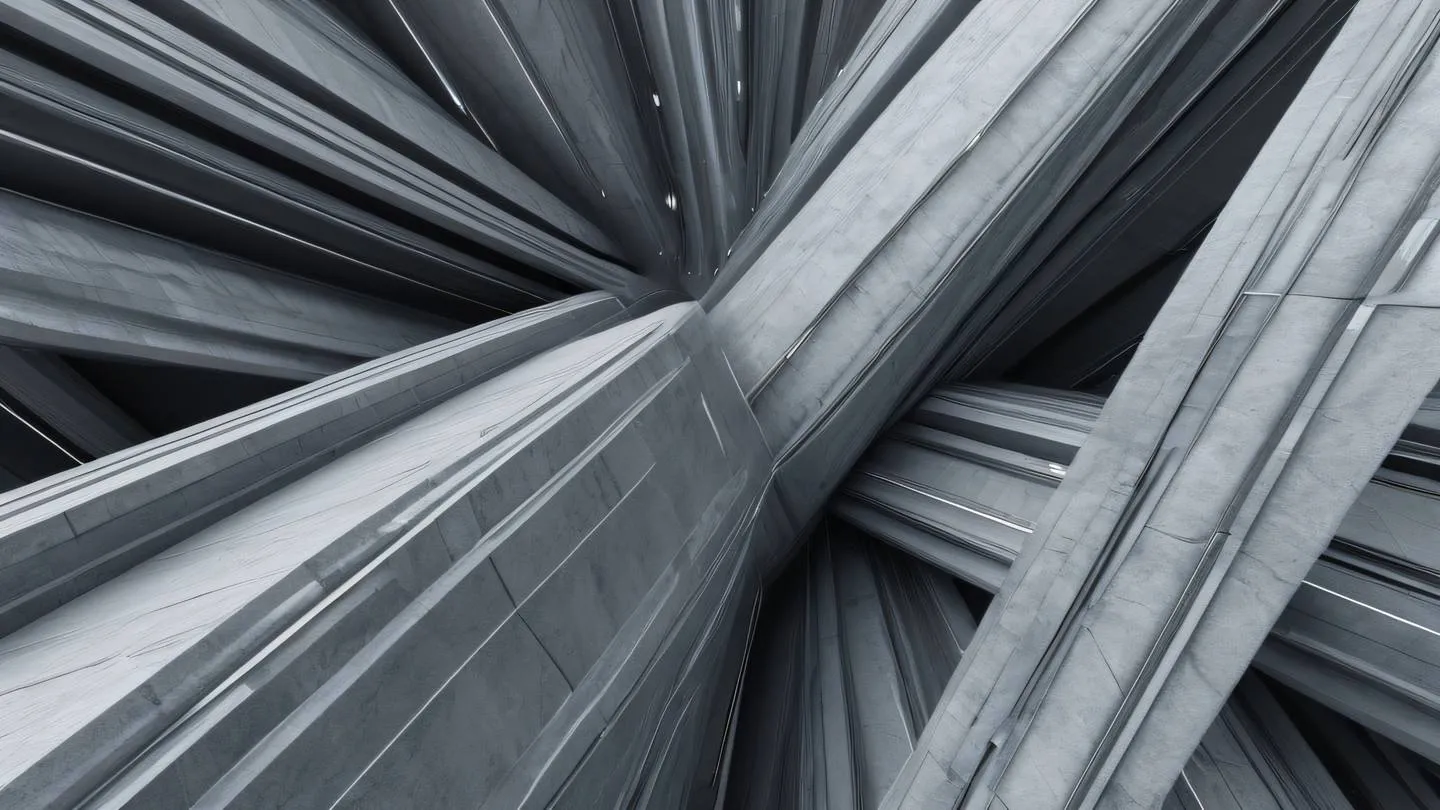 Dynamic abstract composition of intersecting time streams and geometric shapes rendered in bright stone grays and metallic silvers captured from a bird's eye view perspective high-quality ultra-realistic cinematic 8K UHD high resolution sharp and detail