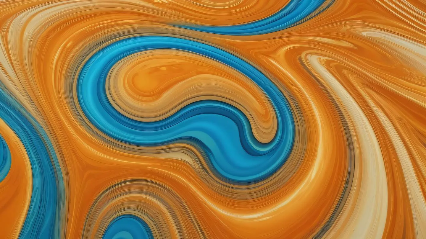 Abstract fluid art representing the concept of time flowing curves and ripples in bright orange and cerulean blue tones against a golden background overhead drone shot high-quality ultra-realistic cinematic 8K UHD high resolution sharp and detail