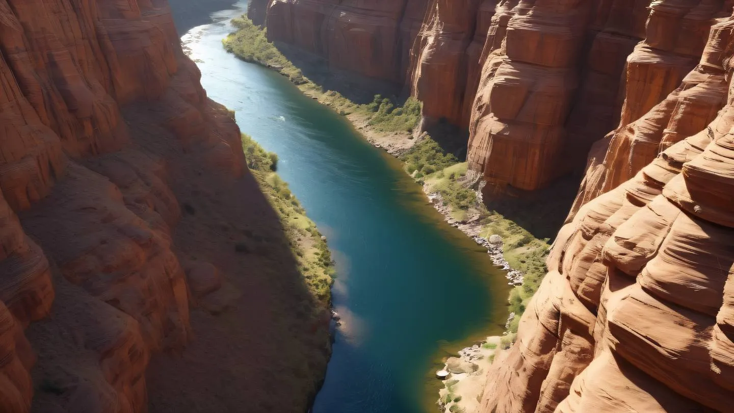 Smooth flowing river through rocky canyon with sunlight casting long shadows natural zinc and terracotta colors in the rock formations shot from cliff edge perspective high-quality ultra-realistic cinematic 8K UHD high resolution sharp and detail