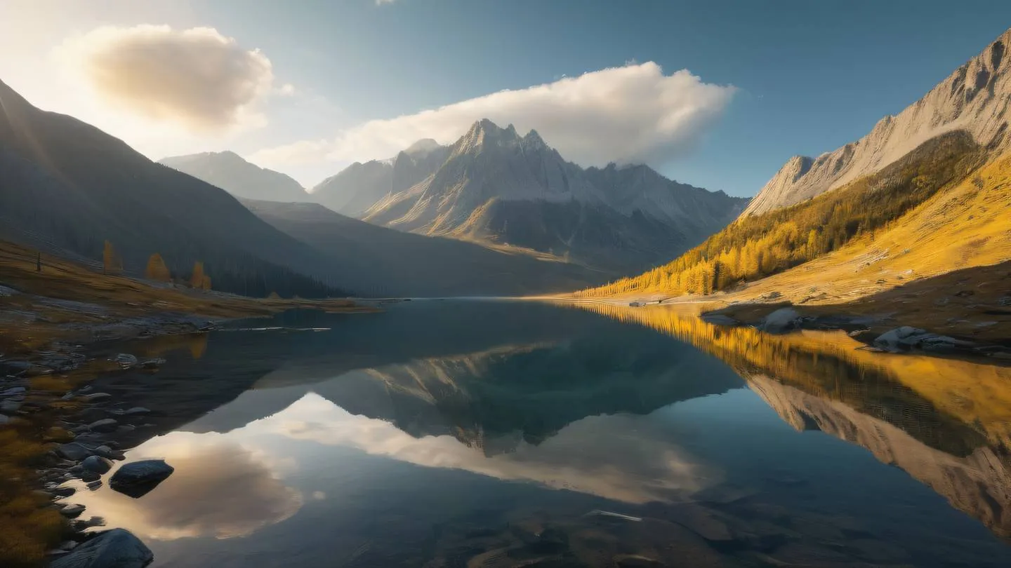 Crystal clear mountain lake reflecting surrounding peaks minimalist composition with yellow sunlight streaming through clouds wide angle landscape shot high-quality ultra-realistic cinematic 8K UHD high resolution sharp and detail