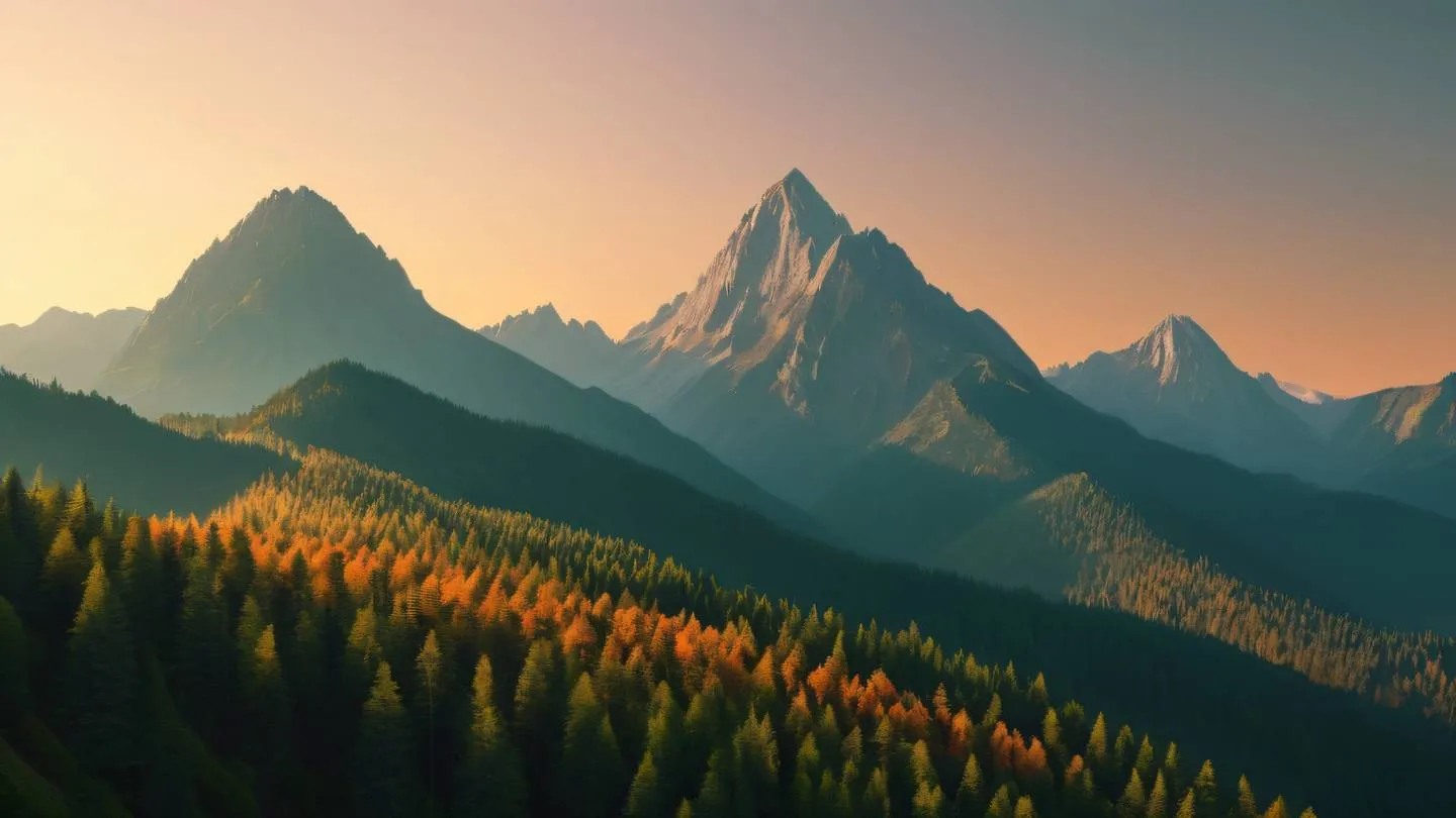 Geometric abstract landscape with layered mountains using forest green and bright orange gradients capturing golden hour lighting shot from below looking up high-quality ultra-realistic cinematic 8K UHD high resolution sharp and detail