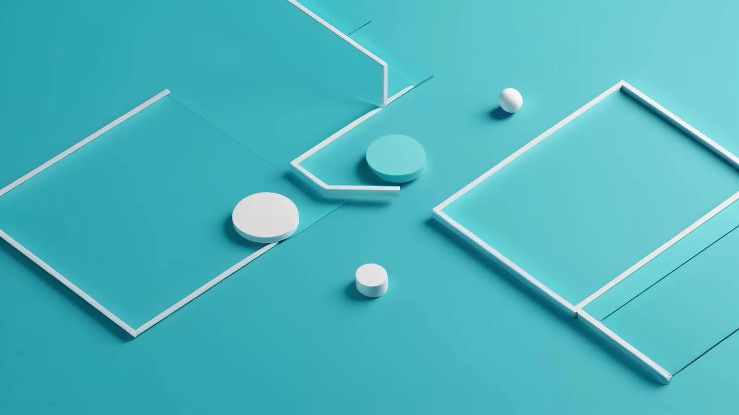 A minimalist abstract composition of floating geometric shapes suggesting time and efficiency featuring clean lines and circles interweaving in a dynamic pattern. Colors: Bright turquoise blue with white accents. Camera angle: Top-down perspective with slight tilt to create depth. high-quality ultra-realistic cinemetic 8K UHD high resolution sharp and detail