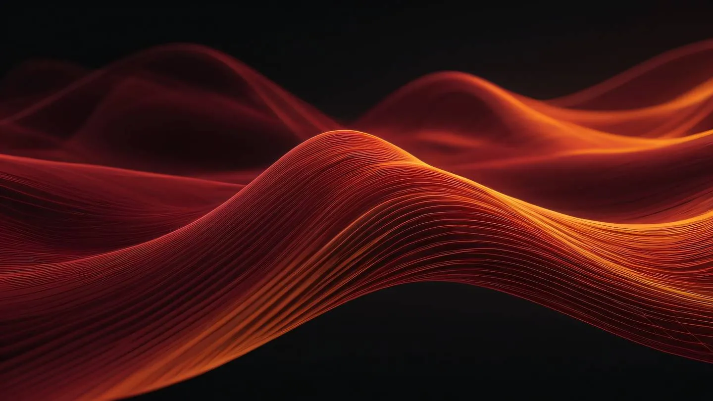 An abstract visualization of flowing data streams represented by elegant curved lines weaving through space. Colors: Bold orange and deep crimson red gradients against a dark background. Camera angle: Wide-angle perspective shot. high-quality ultra-realistic cinemetic 8K UHD high resolution sharp and detail