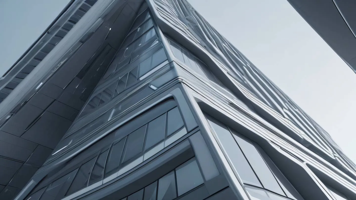 A futuristic architectural structure with clean lines and geometric patterns suggesting technological advancement and optimization. Colors: Modern greys with bright white highlights and subtle shadows. Camera angle: Low angle perspective shot reaching upward. high-quality ultra-realistic cinemetic 8K UHD high resolution sharp and detail