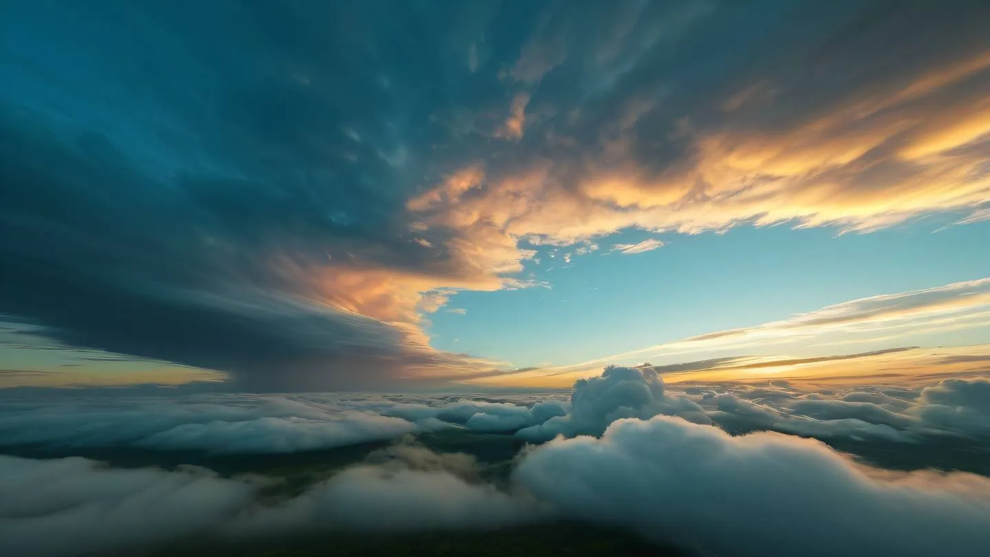 Abstract cloud formations during sunset with dynamic swirling patterns suggesting transformation and movement. Colors: Vibrant turquoise transitioning to warm moss green. Camera angle: Looking up at clouds from ground level. high-quality ultra-realistic cinemetic 8K UHD high resolution sharp and detail