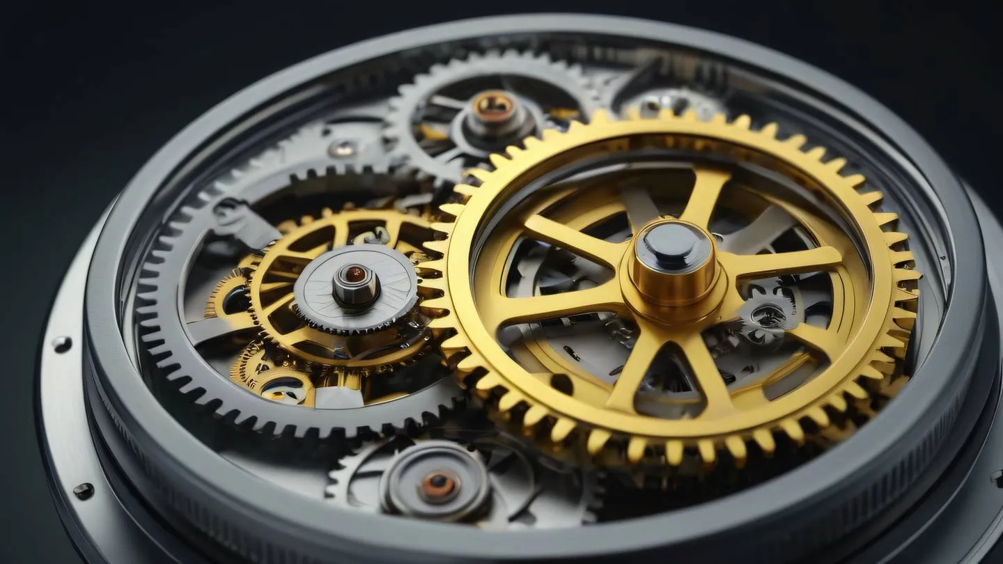 A minimalist clockwork mechanism with gears in motion featuring intricate details and metallic surfaces. The color scheme focuses on sunshine yellow and chrome silver. Shot from a top-down perspective with dramatic lighting. high-quality ultra-realistic cinematic 8K UHD high resolution sharp and detail