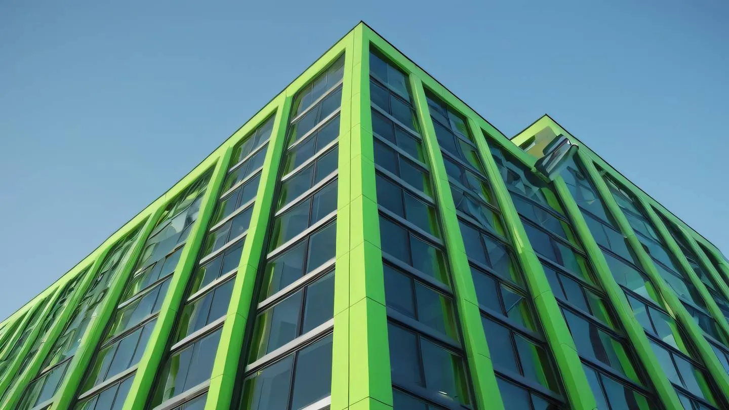 Modern minimalist architecture building with large glass windows reflecting bright green and black geometric patterns shot from low angle perspective high-quality ultra-realistic cinematic 8K UHD high resolution sharp and detail