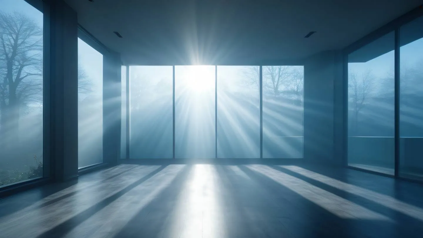 Sunlight streaming through floor-to-ceiling windows casting dramatic shadows bright blue rays piercing through morning mist photographed from inside looking out high-quality ultra-realistic cinematic 8K UHD high resolution sharp and detail