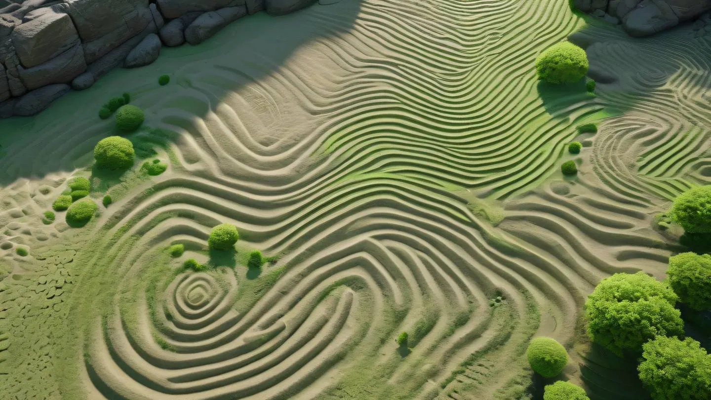 Zen rock garden with perfectly raked sand patterns and minimal stone arrangements morning light creating bright neon green shadows aerial view from above high-quality ultra-realistic cinematic 8K UHD high resolution sharp and detail