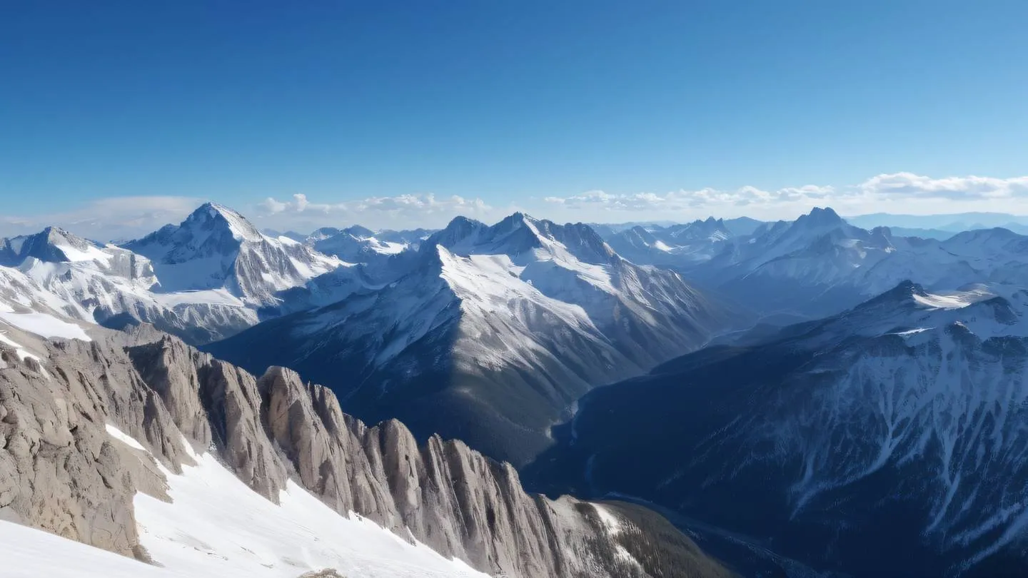 Majestic rocky mountain peaks against clear sky dramatic light creating bright blue shadows on snow caps captured from distant perspective showing scale high-quality ultra-realistic cinematic 8K UHD high resolution sharp and detail