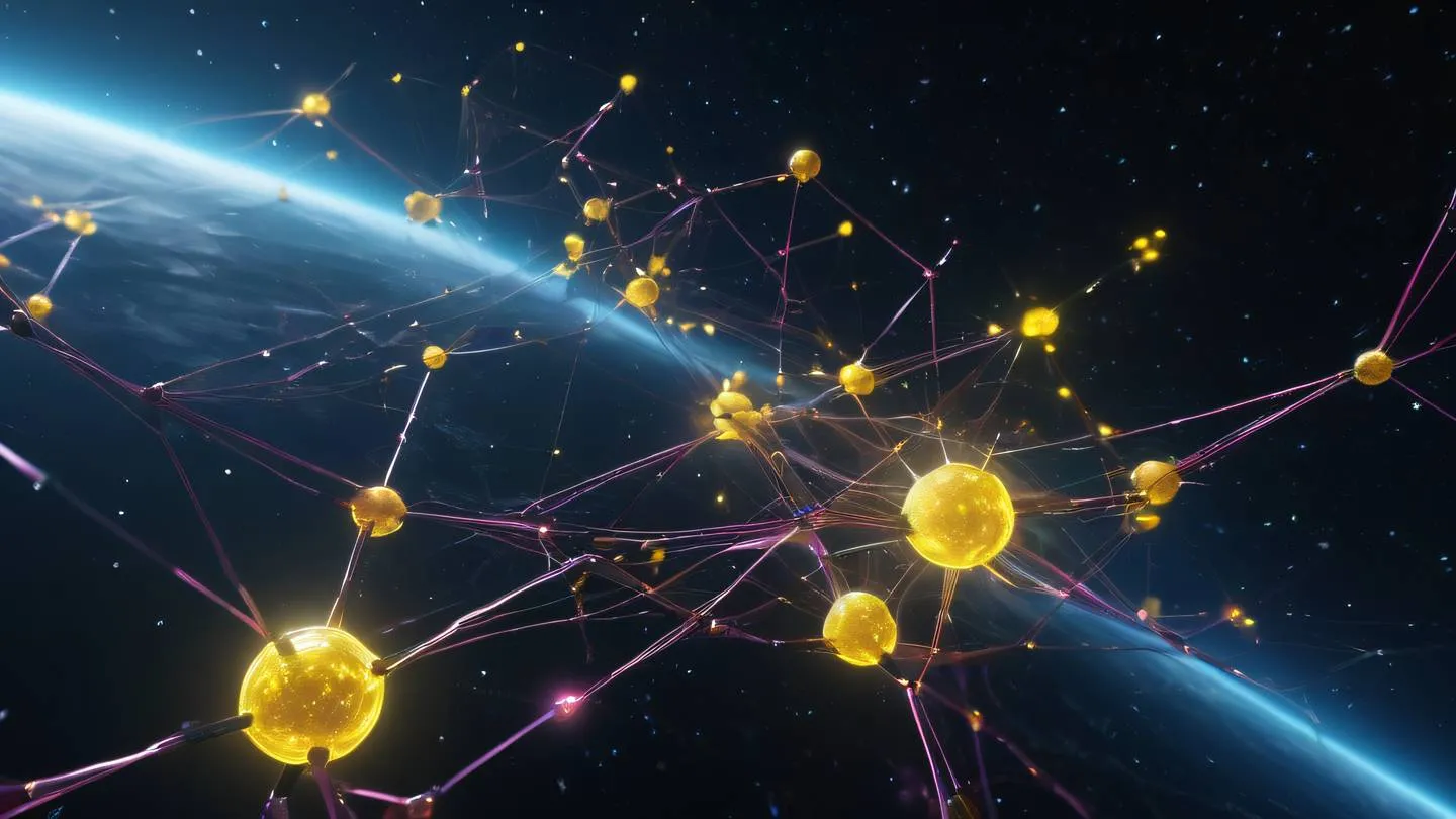 A futuristic network of glowing nodes and connections floating in space with bright yellow and pink energy streams flowing between crystalline structures ultra-realistic cinematic 8K UHD high resolution sharp and detail