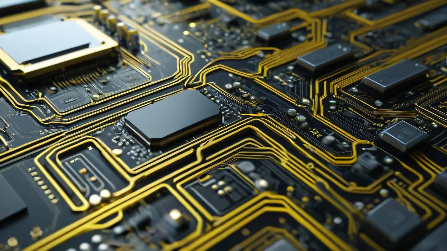 Abstract geometric patterns resembling circuit boards rendered in bright zinc and yellow colors with flowing lines and nodes creating a modern tech aesthetic high-quality ultra-realistic cinematic 8K UHD sharp and detail