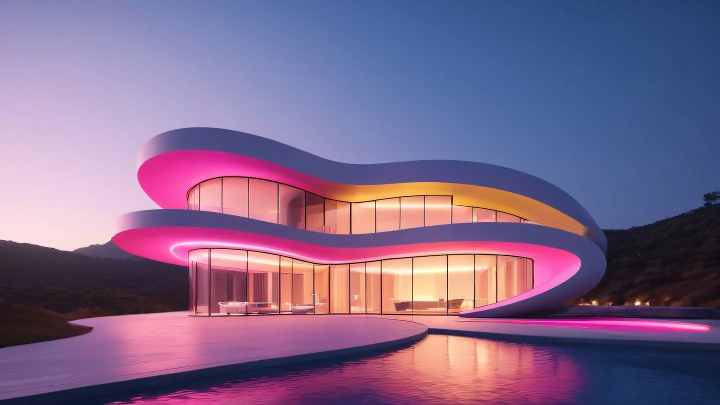 Modern minimalist architecture with sweeping curves and geometric shapes bathed in bright pink and yellow lighting reflecting off smooth surfaces high-quality ultra-realistic cinematic 8K UHD high resolution sharp and detail