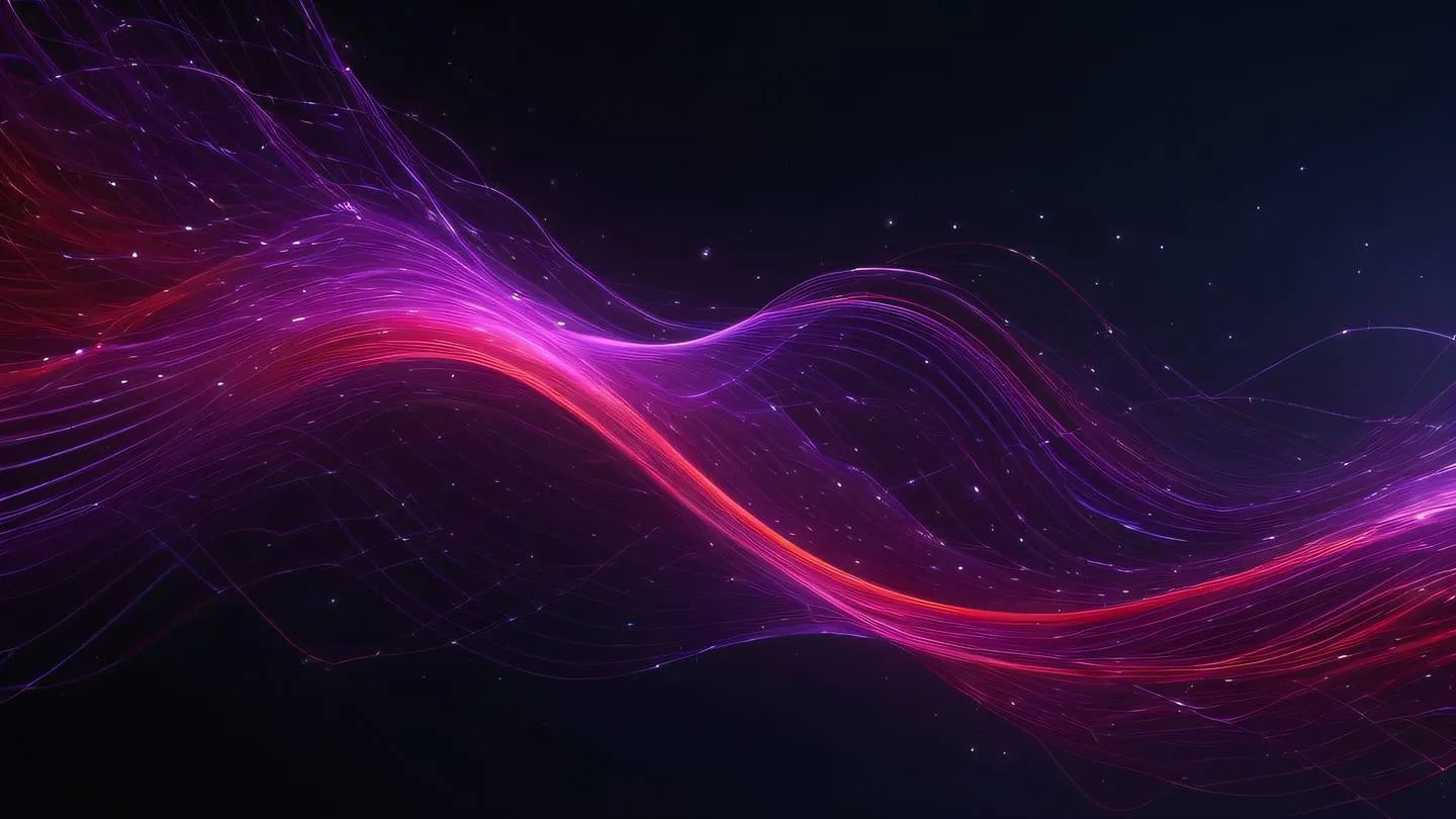 Abstract flowing data visualization with bright violet and neon red streams interweaving in a dark space representing data flow high-quality ultra-realistic cinematic 8K UHD high resolution sharp and detailed