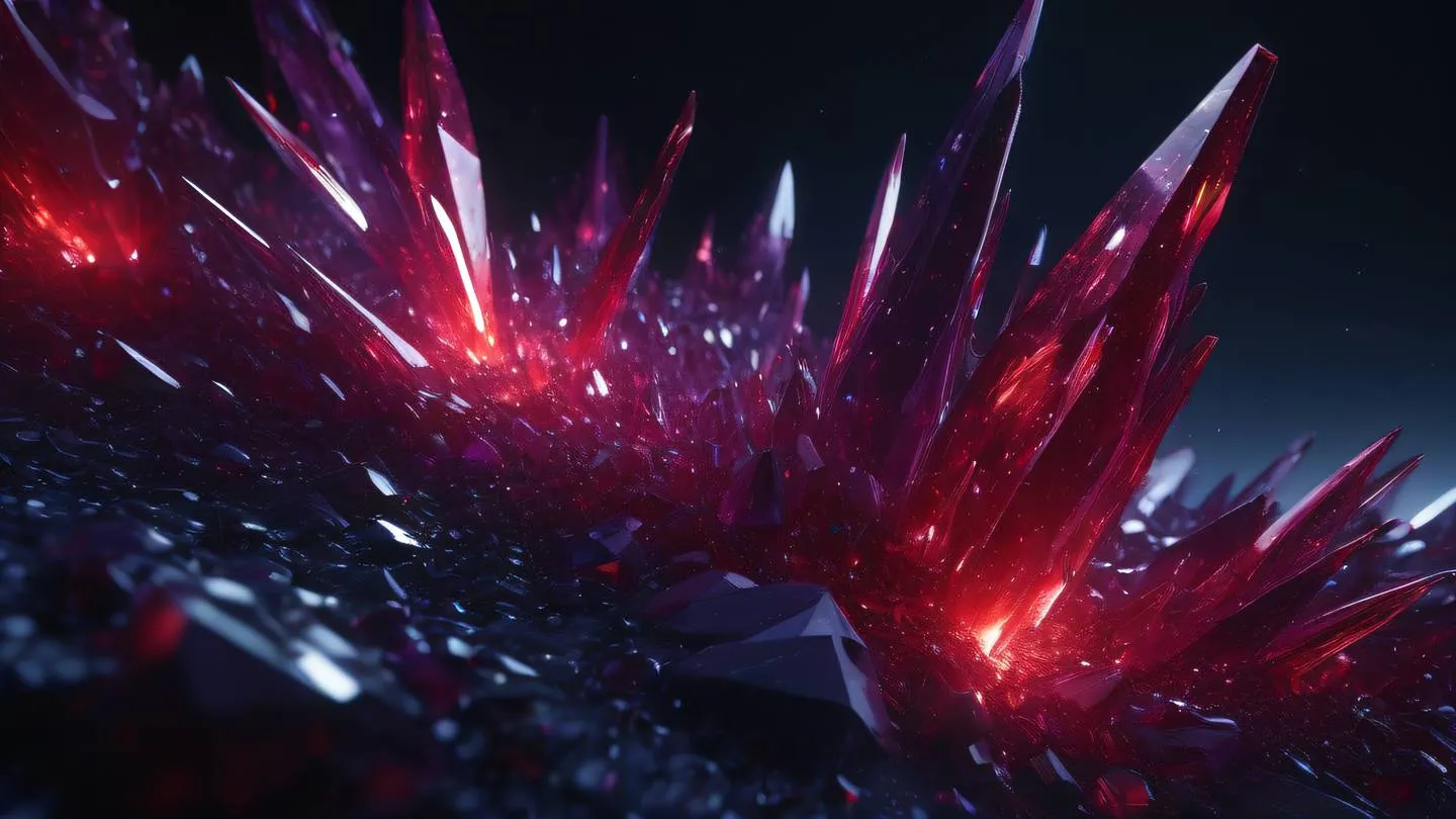 Dynamic abstract composition with bright red and purple crystalline structures emerging from darkness representing data structures high-quality ultra-realistic cinematic 8K UHD high resolution sharp and detailed