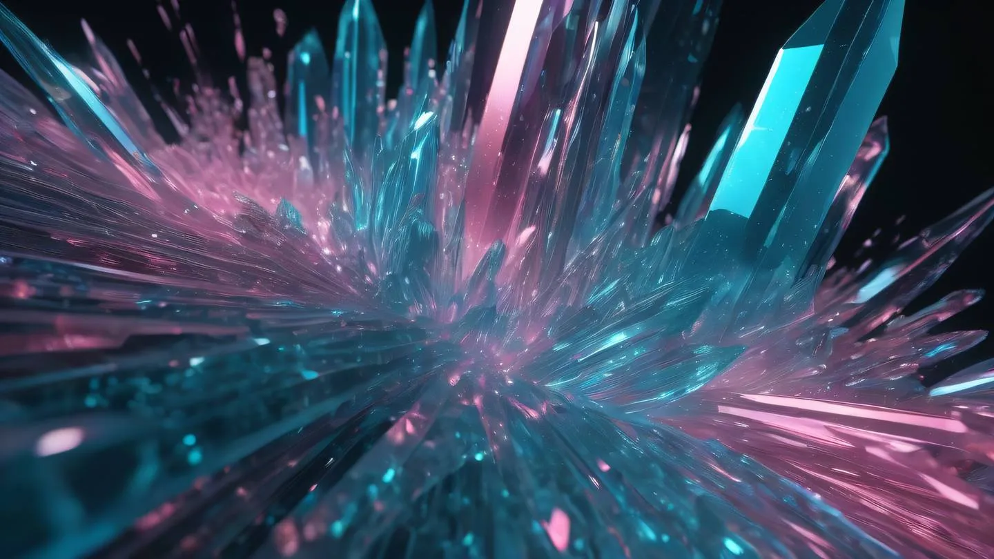 Abstract geometric crystalline structure with flowing data streams cyan and pink energy pulses moving through transparent crystal formations shimmering light effects ultra-realistic cinematic lighting 8K UHD high resolution sharp detail