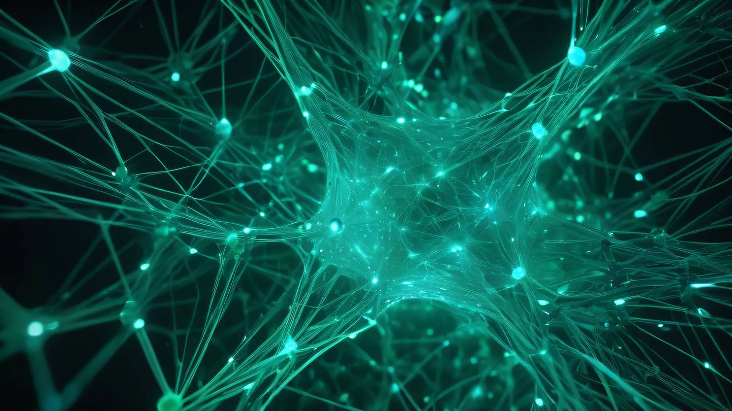 Flowing abstract network of green and cyan crystalline structures interconnected nodes with energy pathways bright bioluminescent effects ultra-realistic cinematic 8K UHD high resolution sharp detail