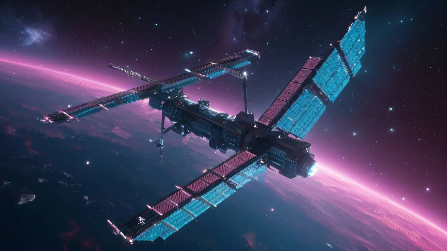 Crystalline space station floating in cosmic void pink and cyan energy fields surrounding structure nebula clouds in background with shimmering stars ultra-realistic cinematic 8K UHD high resolution sharp detail