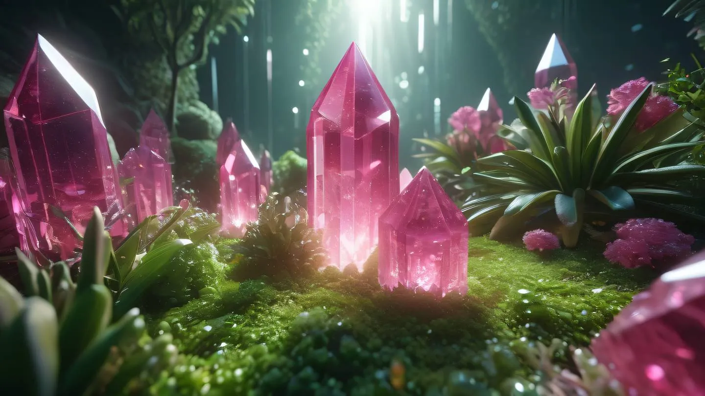 Futuristic crystal garden with geometric formations bright pink and green crystal clusters emerging from ground shimmering light rays ethereal atmosphere ultra-realistic cinematic 8K UHD high resolution sharp detail