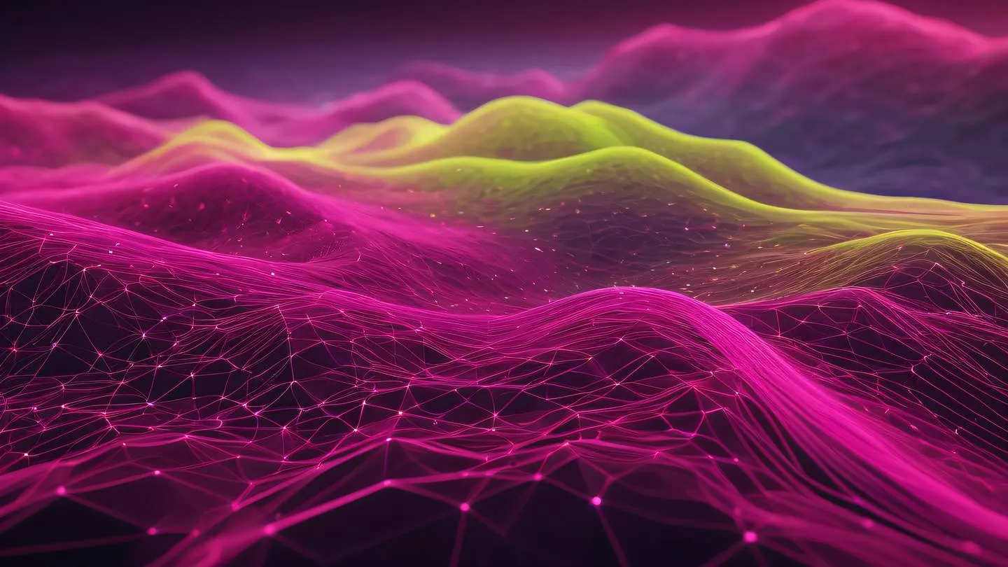 Abstract digital landscape with flowing data streams in bright fuchsia and lime colors representing database connections and data flow geometric patterns high-quality ultra-realistic cinematic 8K UHD high resolution sharp and detail