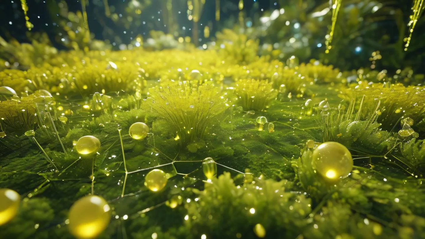 Abstract cosmic garden with crystalline structures in shimmering yellow and lime colors floating geometric shapes energy particles high-quality ultra-realistic cinematic 8K UHD high resolution sharp and detail