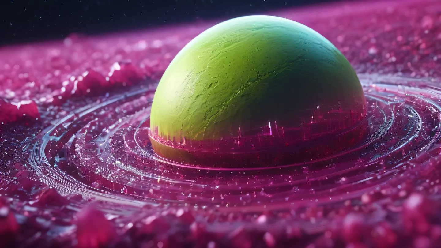 Ethereal digital planet surface with geometric patterns in lime and shimmering fuchsia colors data streams flowing through crystalline structures high-quality ultra-realistic cinematic 8K UHD high resolution sharp and detail