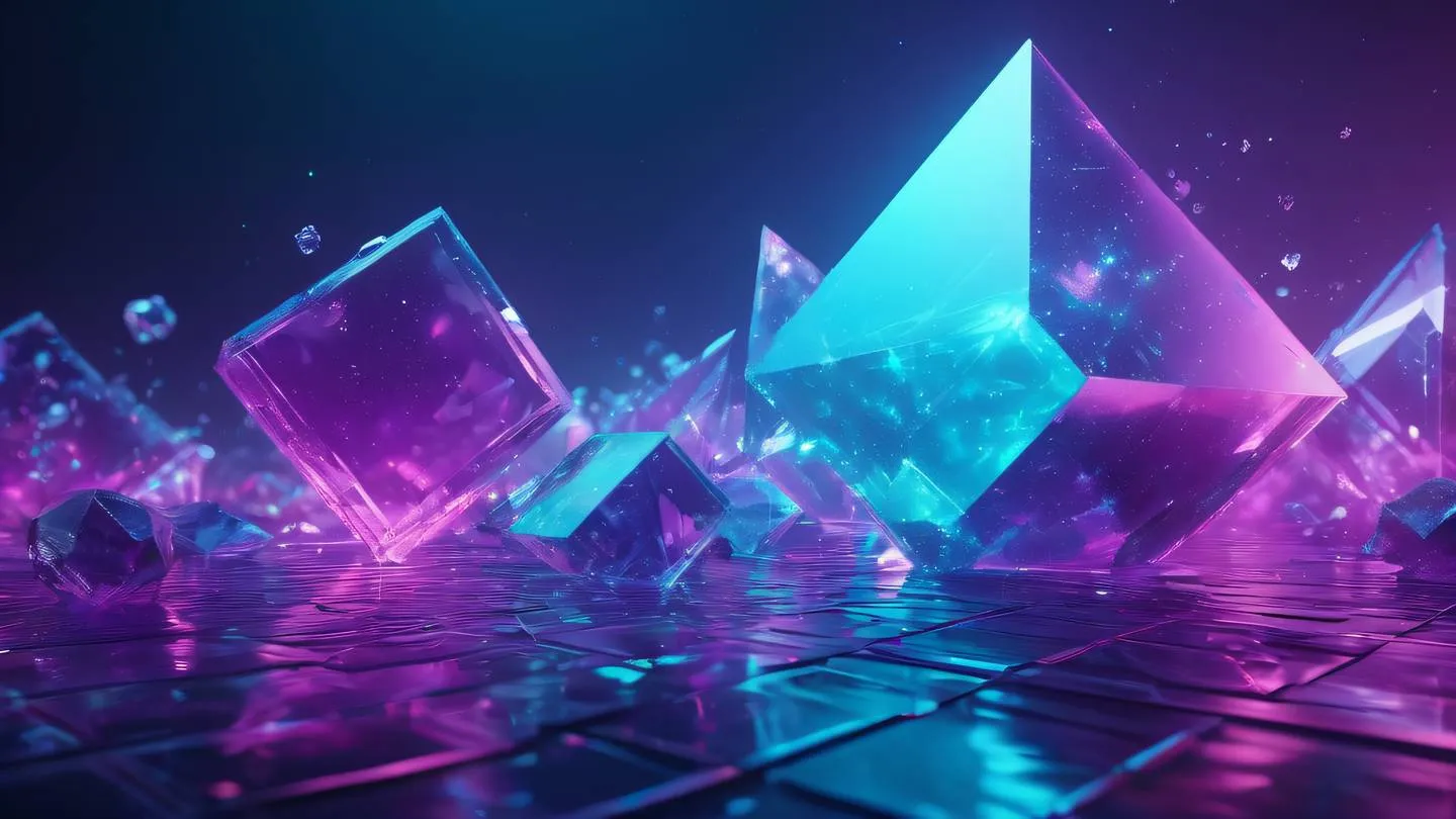 Futuristic abstract composition with floating geometric shapes in bright cyan and neon purple featuring crystalline textures and light reflections ultra-realistic cinematic 8K UHD high resolution sharp and detailed