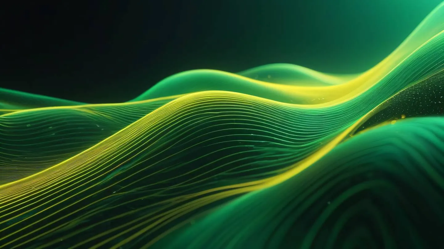 Abstract technology flow visualization with bright emerald and yellow gradients crystalline structures flowing through space ultra-realistic cinematic 8K UHD high resolution sharp and detailed