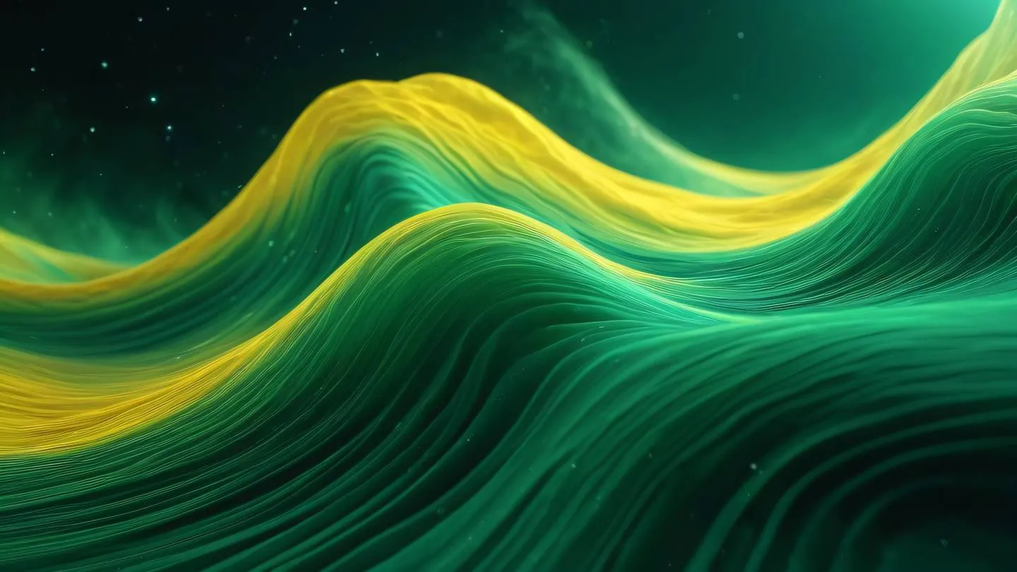 Dynamic abstract waves in emerald and yellow hues flowing energy patterns with crystalline elements cosmic nebula-like formations high-quality ultra-realistic cinematic 8K UHD high resolution sharp and detailed