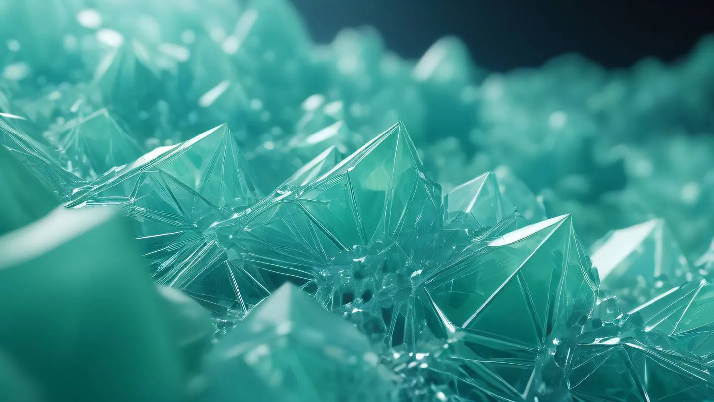 Abstract geometric patterns forming database schema shapes with pale green and sky blue crystal formations interconnected by glowing lines high-quality ultra-realistic cinematic 8K UHD high resolution sharp and detail