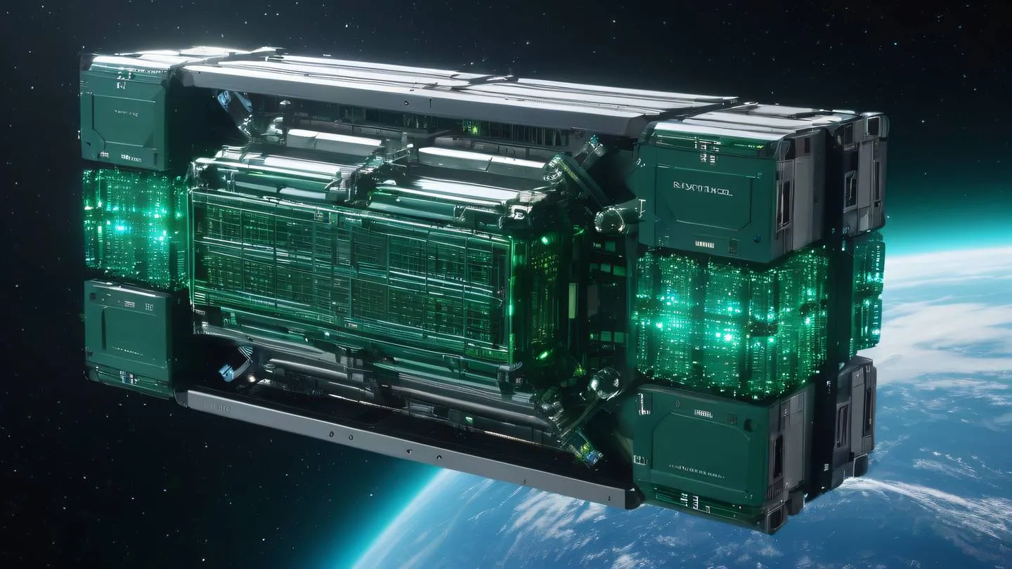 A space station database core with crystalline data structures floating in zero gravity emerald green and sapphire blue energy flows between nodes high-quality ultra-realistic cinematic 8K UHD high resolution sharp and detail