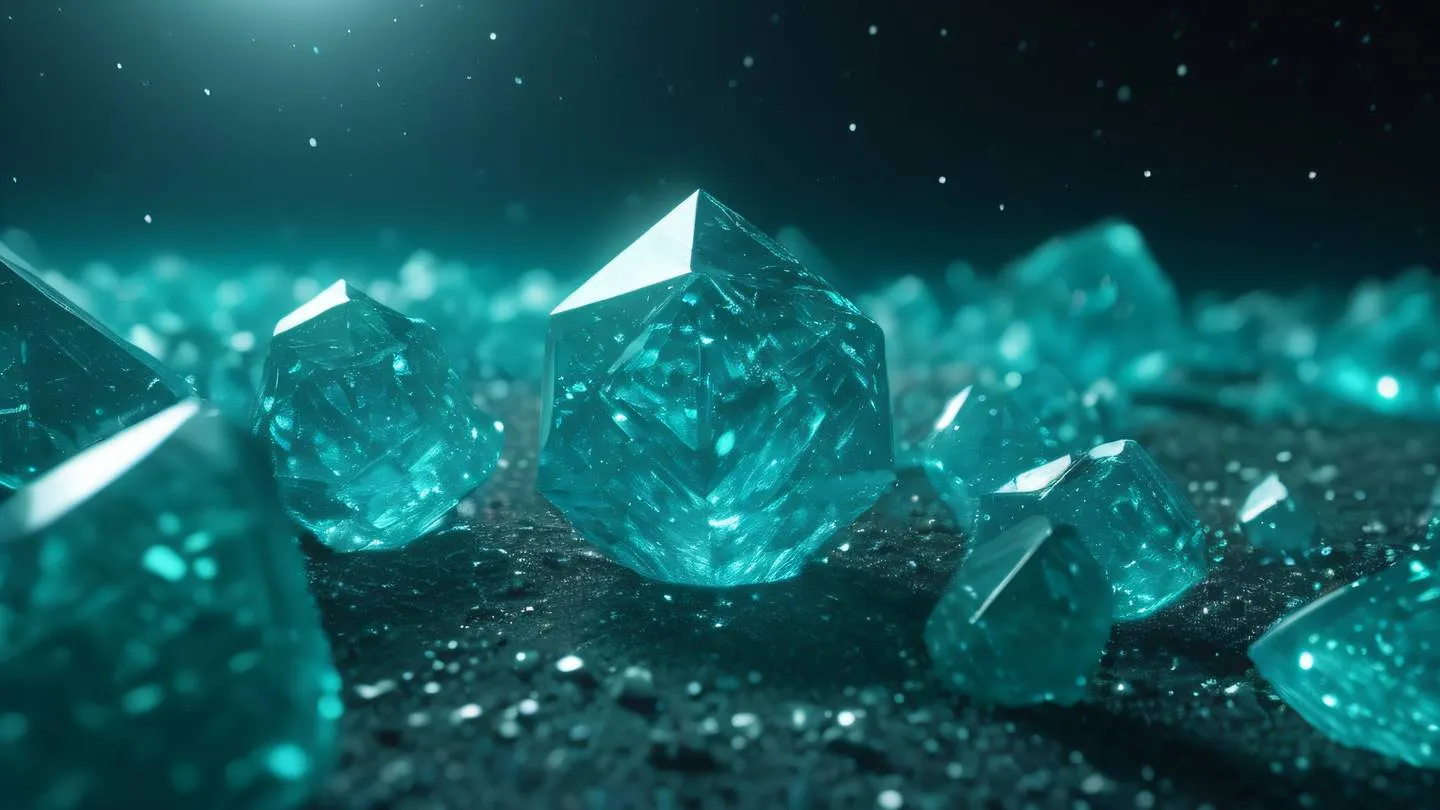 Floating geometric crystals in a cosmic void representing data structures with bright turquoise and pale green energy patterns flowing through them high-quality ultra-realistic cinematic 8K UHD high resolution sharp and detail