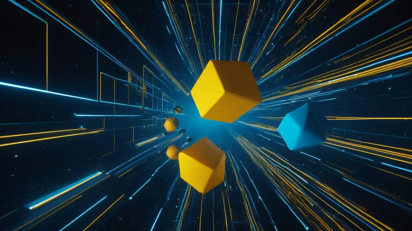 Abstract 3D rendered geometric shapes floating in space connected by thin lines of light in bright mustard and electric blue colors representing data structure and relationships high-quality ultra-realistic cinematic 8K UHD high resolution sharp and detail