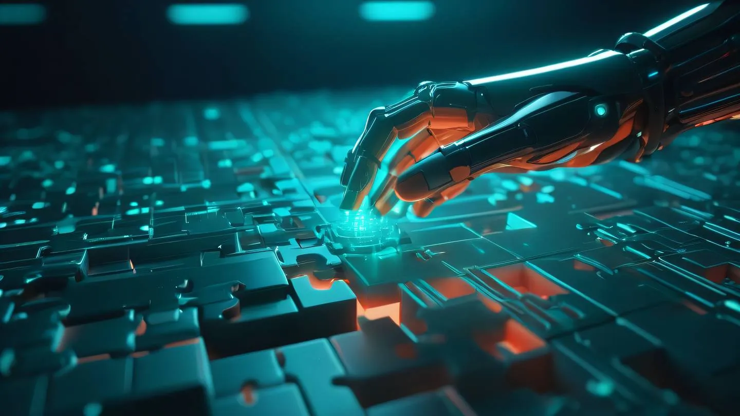 A dynamic 3D robot hand delicately arranging glowing geometric puzzle pieces in bright teal and coral colors symbolizing database organization high-quality ultra-realistic cinematic 8K UHD high resolution sharp and detail