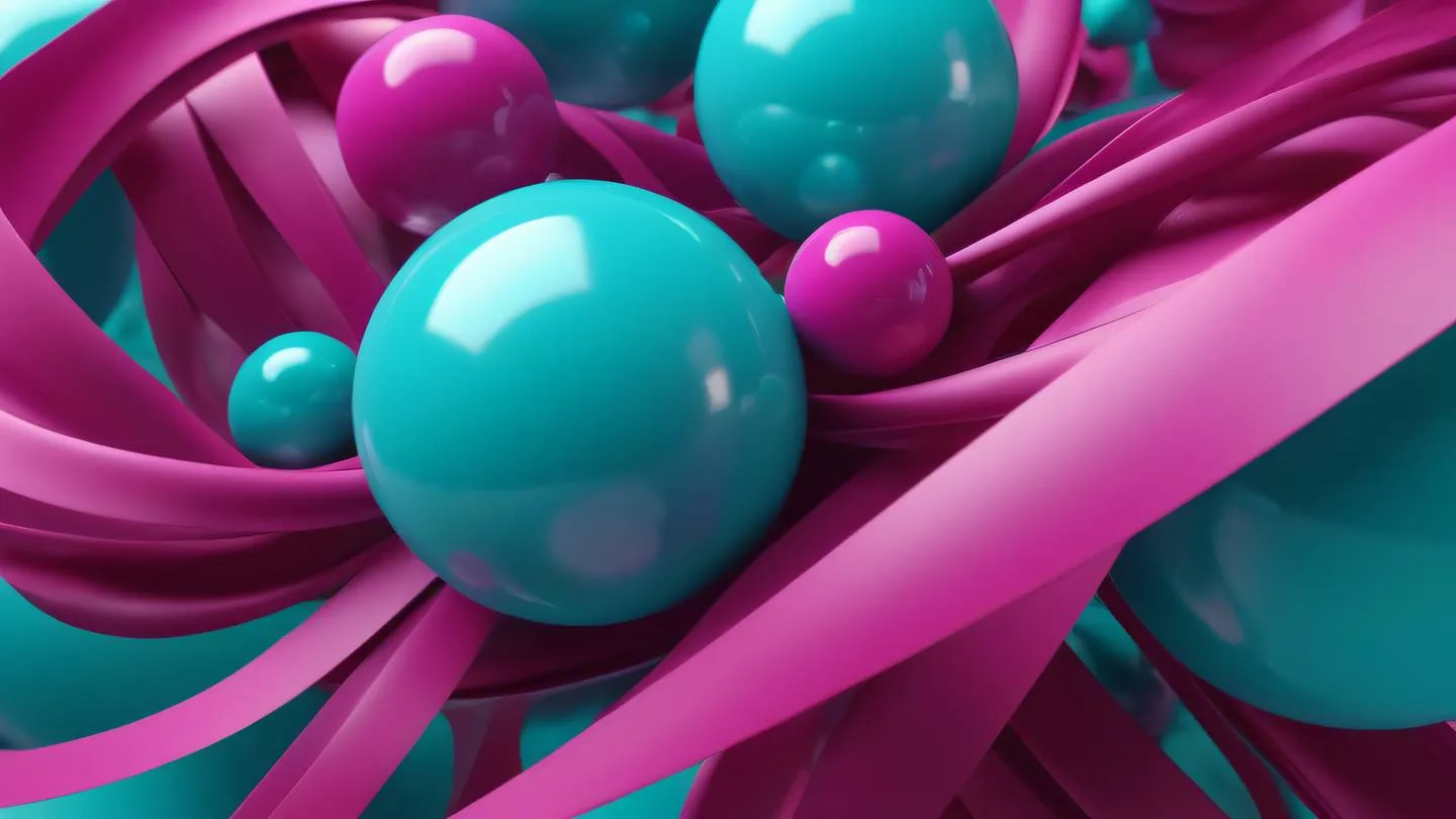 An abstract 3D rendered composition of flowing ribbons and spheres in bright magenta and turquoise colors representing data flow and harmony high-quality ultra-realistic cinematic 8K UHD high resolution sharp and detail