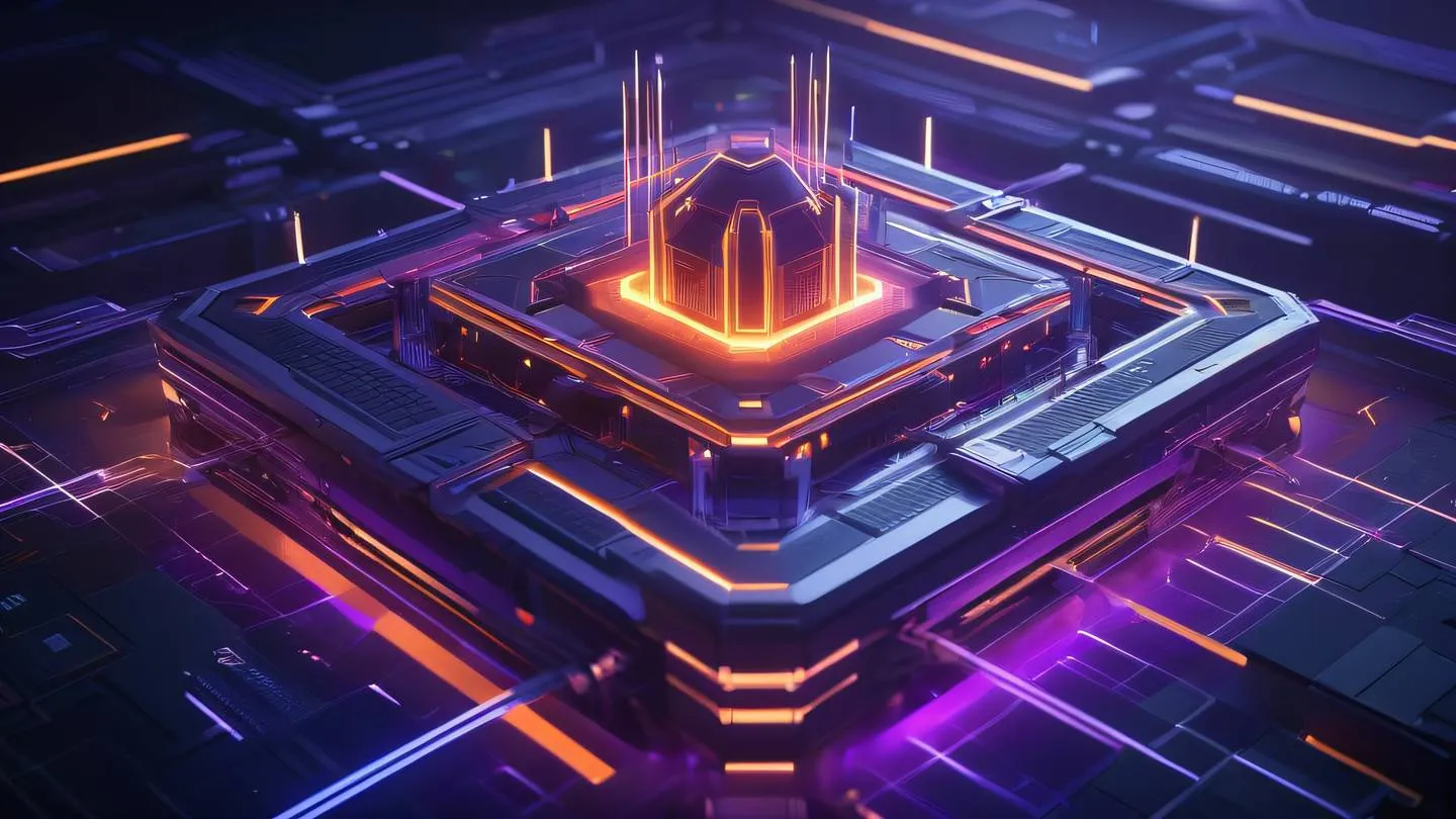 A futuristic digital fortress with glowing orange and violet energy shields surrounded by abstract geometric patterns representing cybersecurity ultra-realistic cinematic 8K high resolution sharp detail