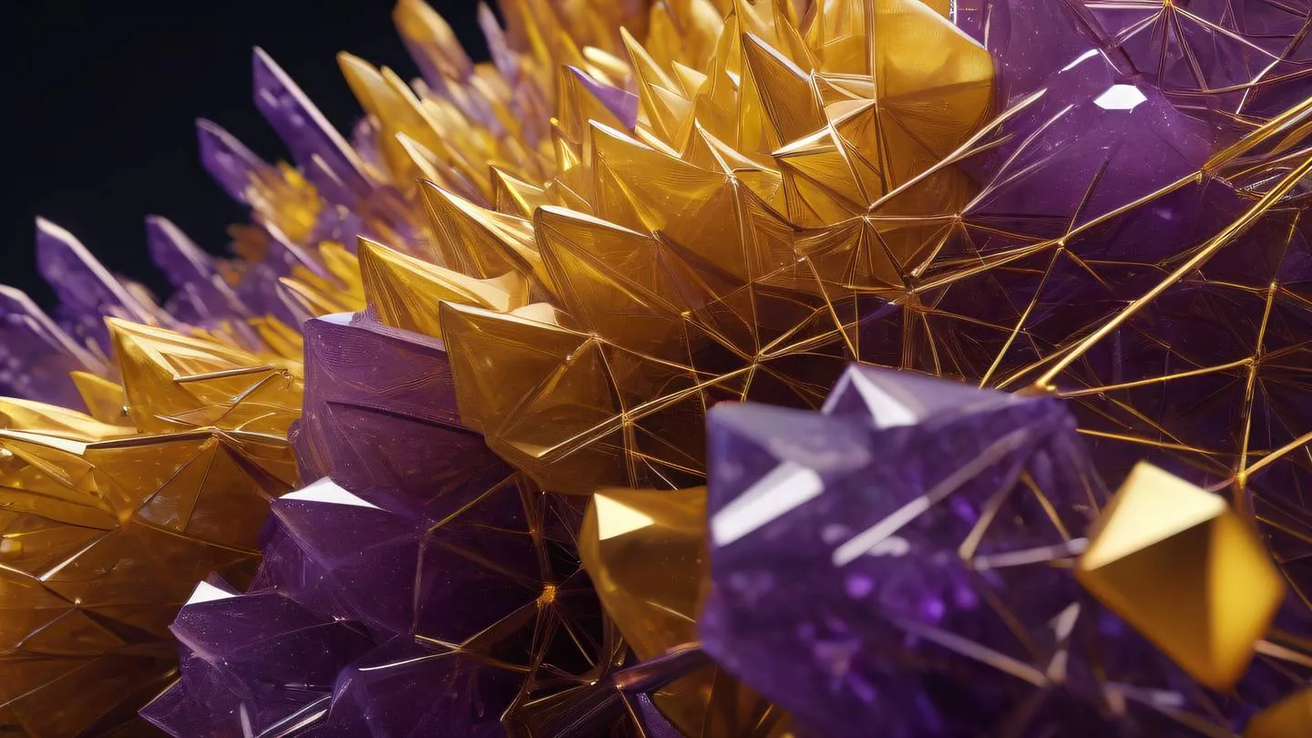 Abstract crystalline structure with interweaving patterns in warm mustard and violet colors representing data architecture high-quality ultra-realistic cinematic 8K sharp detail