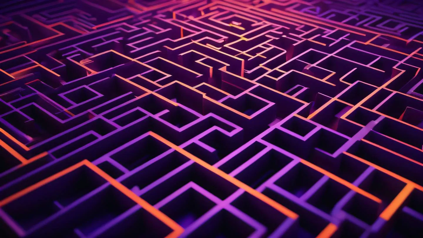 A glowing geometric maze pattern with bright orange and violet energy flows representing secure pathways and data flow ultra-realistic cinematic 8K UHD high resolution