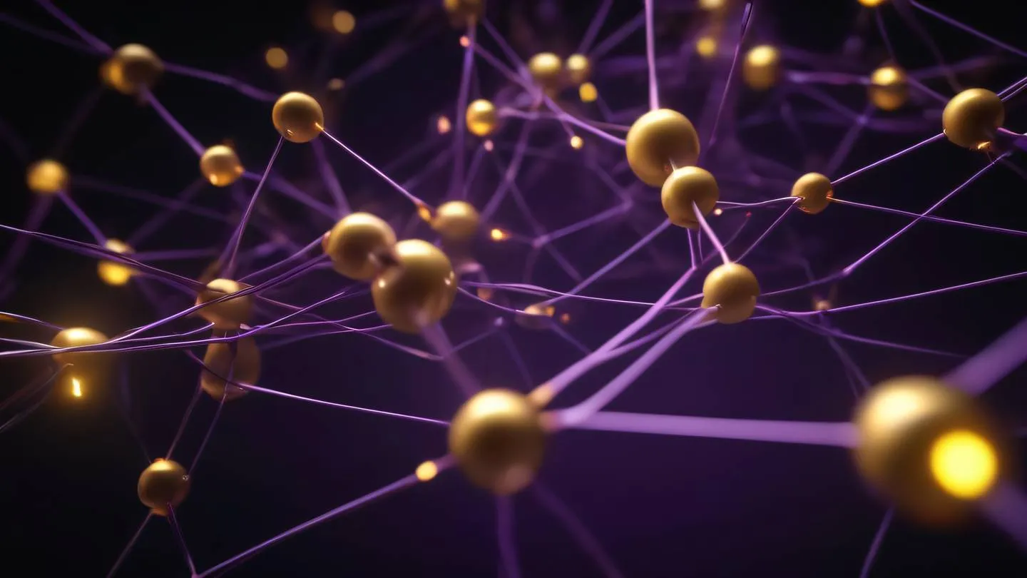 Abstract network of interconnected nodes glowing with warm mustard and violet lights against a dark background symbolizing secure connections high-quality ultra-realistic cinematic 8K sharp detail